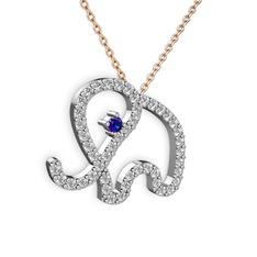 Taşlı Fil Kolye - Swarovski ve lab safir 8 ayar beyaz altın kolye (40 cm rose altın rolo zincir) #7cqjxf