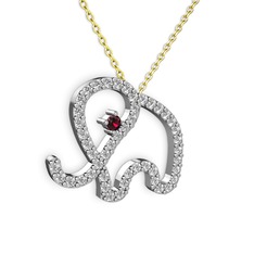 Taşlı Fil Kolye - Pırlanta ve rodolit garnet 8 ayar beyaz altın kolye (0.036 karat, 40 cm altın rolo zincir) #7py337