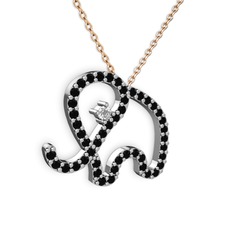 Taşlı Fil Kolye - Siyah zirkon ve swarovski 18 ayar beyaz altın kolye (40 cm gümüş rolo zincir) #7ylfte