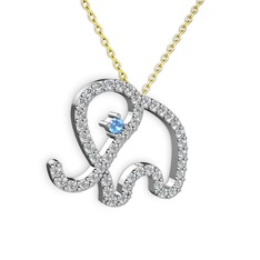 Taşlı Fil Kolye - Beyaz zirkon ve akuamarin 14 ayar beyaz altın kolye (40 cm altın rolo zincir) #7zfk71