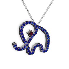 Lab safir ve rodolit garnet 925 ayar siyah rodyum kaplama gümüş kolye (40 cm beyaz altın rolo zincir)