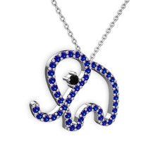 Taşlı Fil Kolye - Lab safir ve siyah zirkon 8 ayar beyaz altın kolye (40 cm gümüş rolo zincir) #87amz5