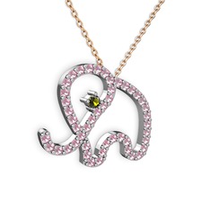 Taşlı Fil Kolye - Pembe kuvars ve peridot 18 ayar beyaz altın kolye (40 cm gümüş rolo zincir) #8ayzvs