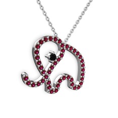 Taşlı Fil Kolye - Rodolit garnet ve siyah zirkon 8 ayar beyaz altın kolye (40 cm beyaz altın rolo zincir) #8bpu91