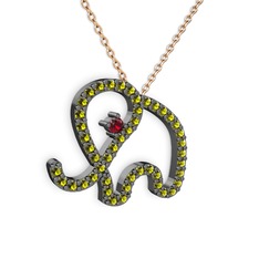 Taşlı Fil Kolye - Peridot ve garnet 925 ayar siyah rodyum kaplama gümüş kolye (40 cm gümüş rolo zincir) #8h7h2r
