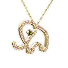 Taşlı Fil Kolye - Pembe kuvars ve peridot 18 ayar altın kolye (40 cm altın rolo zincir) #8o8iyl