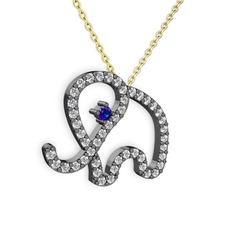 Taşlı Fil Kolye - Swarovski ve lab safir 925 ayar siyah rodyum kaplama gümüş kolye (40 cm altın rolo zincir) #8u3zk9
