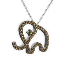 Taşlı Fil Kolye - Dumanlı kuvars ve peridot 925 ayar siyah rodyum kaplama gümüş kolye (40 cm beyaz altın rolo zincir) #94g94h