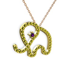 Taşlı Fil Kolye - Peridot ve ametist 18 ayar altın kolye (40 cm rose altın rolo zincir) #95abdt