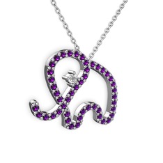 Taşlı Fil Kolye - Ametist ve swarovski 14 ayar beyaz altın kolye (40 cm beyaz altın rolo zincir) #9a0l28