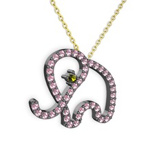 Taşlı Fil Kolye - Pembe kuvars ve peridot 925 ayar siyah rodyum kaplama gümüş kolye (40 cm altın rolo zincir) #9lmet1