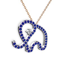 Taşlı Fil Kolye - Lab safir ve swarovski 8 ayar beyaz altın kolye (40 cm rose altın rolo zincir) #b5noc1