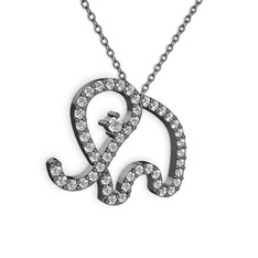 Taşlı Fil Kolye - Beyaz zirkon 925 ayar siyah rodyum kaplama gümüş kolye (40 cm gümüş rolo zincir) #bd45c3