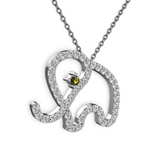 Taşlı Fil Kolye - Pırlanta ve peridot 8 ayar beyaz altın kolye (0.036 karat, 40 cm gümüş rolo zincir) #bhhyzp