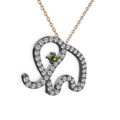 Taşlı Fil Kolye - Swarovski ve peridot 925 ayar siyah rodyum kaplama gümüş kolye (40 cm rose altın rolo zincir) #br3l56