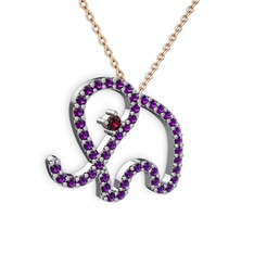 Taşlı Fil Kolye - Ametist ve rodolit garnet 8 ayar beyaz altın kolye (40 cm rose altın rolo zincir) #c0d5vi