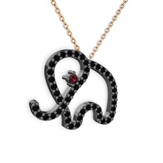 Taşlı Fil Kolye - Siyah zirkon ve rodolit garnet 925 ayar siyah rodyum kaplama gümüş kolye (40 cm rose altın rolo zincir) #cek501