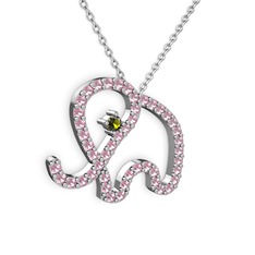 Taşlı Fil Kolye - Pembe kuvars ve peridot 8 ayar beyaz altın kolye (40 cm beyaz altın rolo zincir) #clw8hq