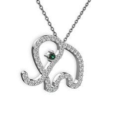 Taşlı Fil Kolye - Pırlanta ve yeşil kuvars 925 ayar gümüş kolye (0.036 karat, 40 cm gümüş rolo zincir) #d01yul