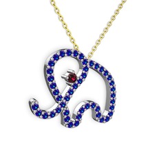 Taşlı Fil Kolye - Lab safir ve rodolit garnet 14 ayar beyaz altın kolye (40 cm altın rolo zincir) #d3xe4d