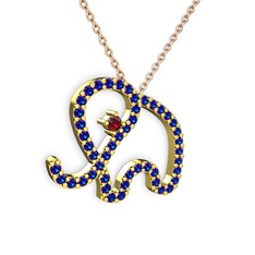 Taşlı Fil Kolye - Lab safir ve garnet 14 ayar altın kolye (40 cm rose altın rolo zincir) #d640l3