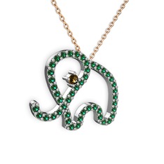 Taşlı Fil Kolye - Yeşil kuvars ve dumanlı kuvars 14 ayar beyaz altın kolye (40 cm rose altın rolo zincir) #d8wstr