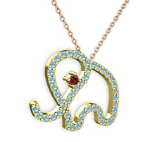 Taşlı Fil Kolye - Akuamarin ve garnet 8 ayar altın kolye (40 cm rose altın rolo zincir) #e53u1e