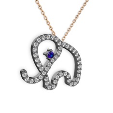 Taşlı Fil Kolye - Beyaz zirkon ve lab safir 925 ayar siyah rodyum kaplama gümüş kolye (40 cm rose altın rolo zincir) #eobqpm