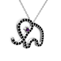 Taşlı Fil Kolye - Siyah zirkon ve ametist 14 ayar beyaz altın kolye (40 cm gümüş rolo zincir) #gzd169