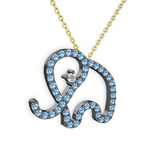 Taşlı Fil Kolye - Akuamarin ve beyaz zirkon 925 ayar siyah rodyum kaplama gümüş kolye (40 cm altın rolo zincir) #i9x98g