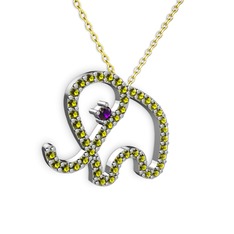 Taşlı Fil Kolye - Peridot ve ametist 18 ayar beyaz altın kolye (40 cm altın rolo zincir) #im5250