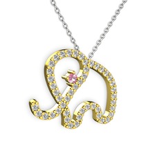 Taşlı Fil Kolye - Swarovski ve pembe kuvars 18 ayar altın kolye (40 cm beyaz altın rolo zincir) #jbkdhw