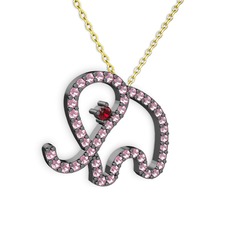 Taşlı Fil Kolye - Pembe kuvars ve garnet 925 ayar siyah rodyum kaplama gümüş kolye (40 cm gümüş rolo zincir) #jre2cc