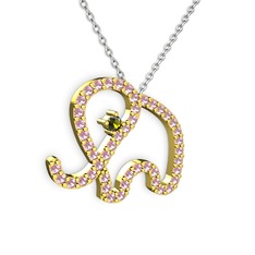 Taşlı Fil Kolye - Pembe kuvars ve peridot 14 ayar altın kolye (40 cm gümüş rolo zincir) #koia7d