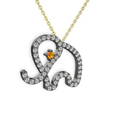 Taşlı Fil Kolye - Swarovski ve sitrin 925 ayar siyah rodyum kaplama gümüş kolye (40 cm gümüş rolo zincir) #ljr2i2