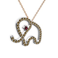 Taşlı Fil Kolye - Dumanlı kuvars ve rodolit garnet 18 ayar beyaz altın kolye (40 cm rose altın rolo zincir) #mcz44d