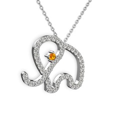 Taşlı Fil Kolye - Pırlanta ve sitrin 8 ayar beyaz altın kolye (0.036 karat, 40 cm beyaz altın rolo zincir) #mnqgdg