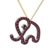Taşlı Fil Kolye - Rodolit garnet ve dumanlı kuvars 925 ayar siyah rodyum kaplama gümüş kolye (40 cm altın rolo zincir) #mynz88