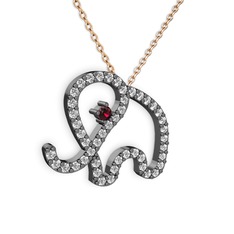 Taşlı Fil Kolye - Beyaz zirkon ve rodolit garnet 925 ayar siyah rodyum kaplama gümüş kolye (40 cm rose altın rolo zincir) #natl3x