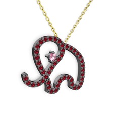 Garnet ve pembe kuvars 925 ayar siyah rodyum kaplama gümüş kolye (40 cm gümüş rolo zincir)