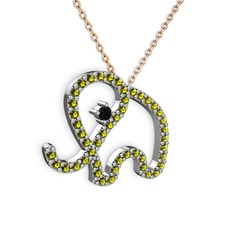 Taşlı Fil Kolye - Peridot ve siyah zirkon 8 ayar beyaz altın kolye (40 cm rose altın rolo zincir) #ny4dvj