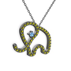 Taşlı Fil Kolye - Peridot ve akuamarin 925 ayar siyah rodyum kaplama gümüş kolye (40 cm gümüş rolo zincir) #nygf10