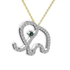 Taşlı Fil Kolye - Pırlanta ve yeşil kuvars 8 ayar beyaz altın kolye (0.036 karat, 40 cm altın rolo zincir) #ojmys1