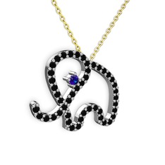 Taşlı Fil Kolye - Siyah zirkon ve lab safir 18 ayar beyaz altın kolye (40 cm altın rolo zincir) #owgrdj