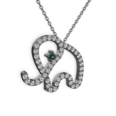 Taşlı Fil Kolye - Pırlanta ve yeşil kuvars 925 ayar siyah rodyum kaplama gümüş kolye (0.036 karat, 40 cm gümüş rolo zincir) #p1m0wy