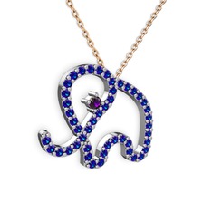 Taşlı Fil Kolye - Lab safir ve ametist 8 ayar beyaz altın kolye (40 cm gümüş rolo zincir) #pa9hua