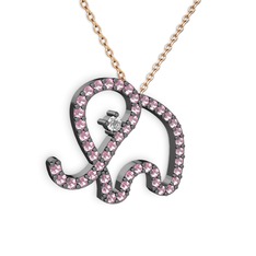 Taşlı Fil Kolye - Pembe kuvars ve pırlanta 925 ayar siyah rodyum kaplama gümüş kolye (0.517 karat, 40 cm rose altın rolo zincir) #qf3qpz