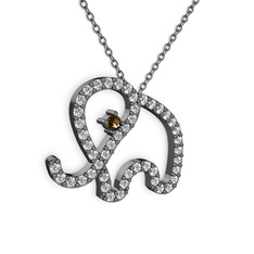Taşlı Fil Kolye - Swarovski ve dumanlı kuvars 925 ayar siyah rodyum kaplama gümüş kolye (40 cm gümüş rolo zincir) #qjkpd2