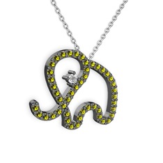 Taşlı Fil Kolye - Peridot ve swarovski 925 ayar siyah rodyum kaplama gümüş kolye (40 cm beyaz altın rolo zincir) #qmuekg