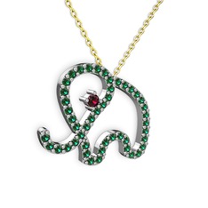 Taşlı Fil Kolye - Yeşil kuvars ve rodolit garnet 14 ayar beyaz altın kolye (40 cm altın rolo zincir) #qxf1ha
